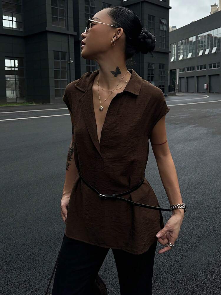 Plain Color Loose Fit Lapel Waist Tie Casual Holiday Summer Pullover Women Blouse