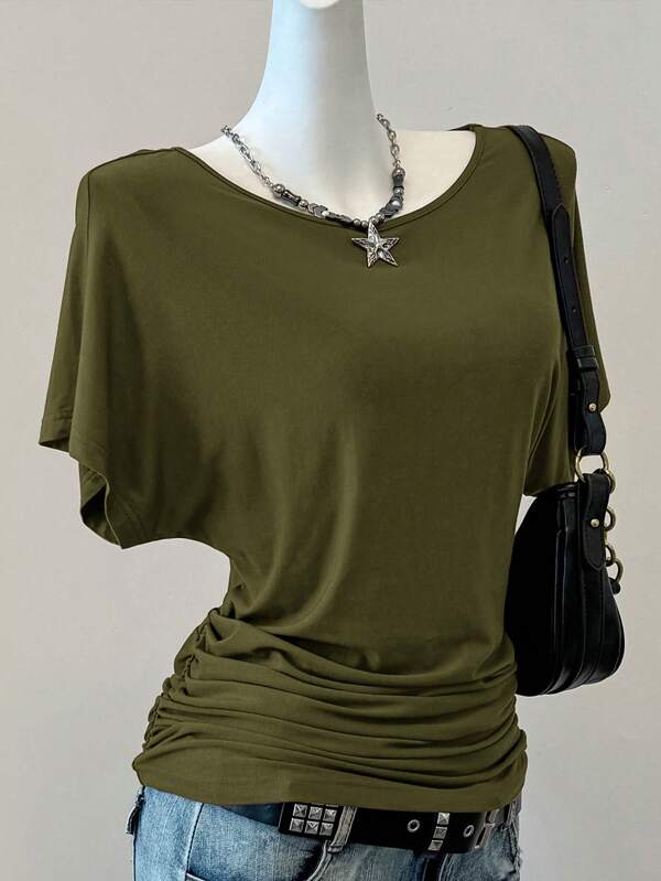 SHEIN EZwear Tricou de damă cu un umăr, verde militar, pentru festivalul de vară