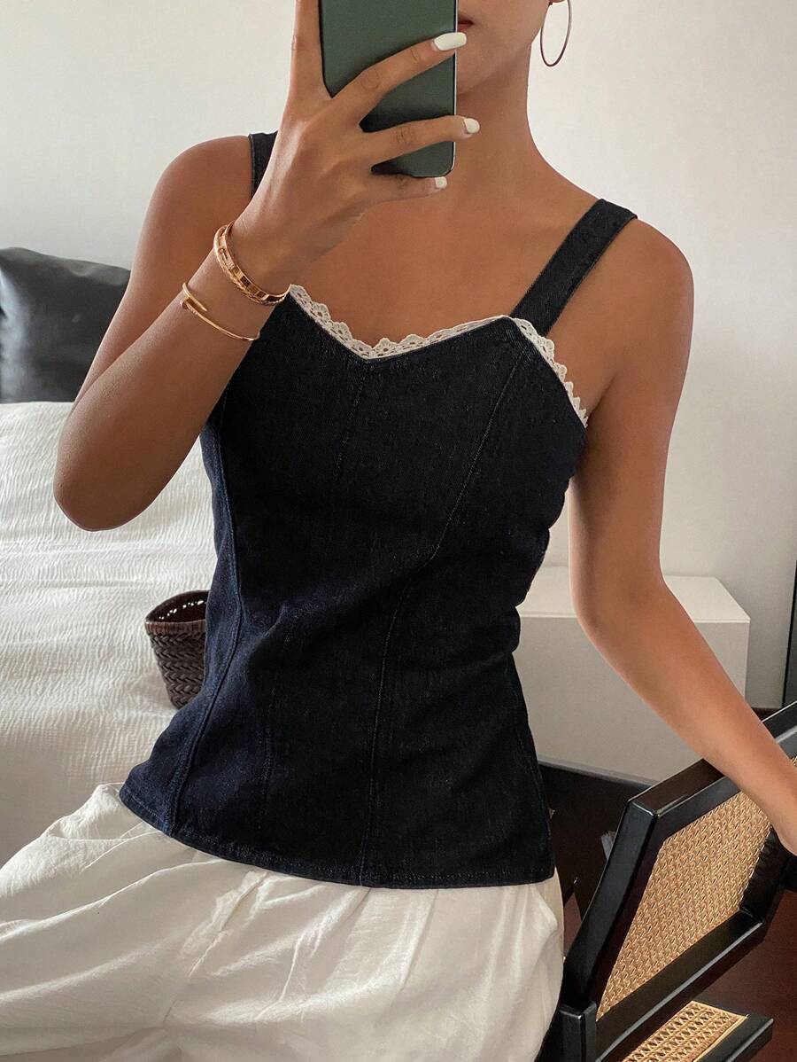 Livesso Women's Summer Lace Patchwork Decor Spaghetti Strap Cami Crop Top - Blue - View 1