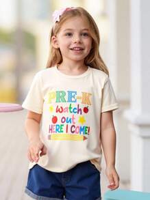 SHEIN Young Girl Casual Comfortable Matching Set - Crew Neck Short Sleeve T-Shirt And Jean Shorts - Apricot - View 1