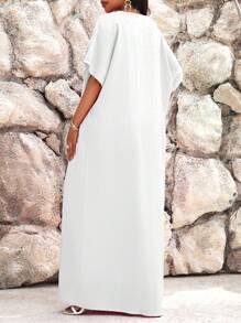 SHEIN Lady 秋冬工作绿色缺口蝙蝠袖长袍连衣裙加大码连衣裙度假装女士沙滩装女士海滩度假沙滩裙婚礼宾客礼服女士商务休闲女士舞会礼服 - 白色 - 查看 2