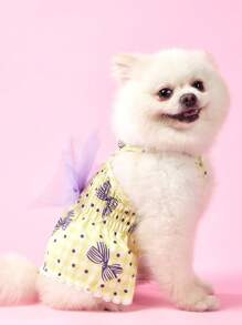 PETSIN Light Purple Sweet 3D Mesh Bow Print Decor Polka Dot Dress, Lightweight Breathable Summer Pet Apparel - Yellow - View 3