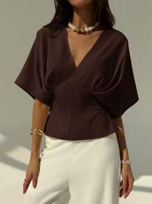 Aloruh 优雅纯色套头短袖简约宽松夏季衬衫，后背蝴蝶结领带，适合办公室和通勤 - 咖啡棕 - 查看 5