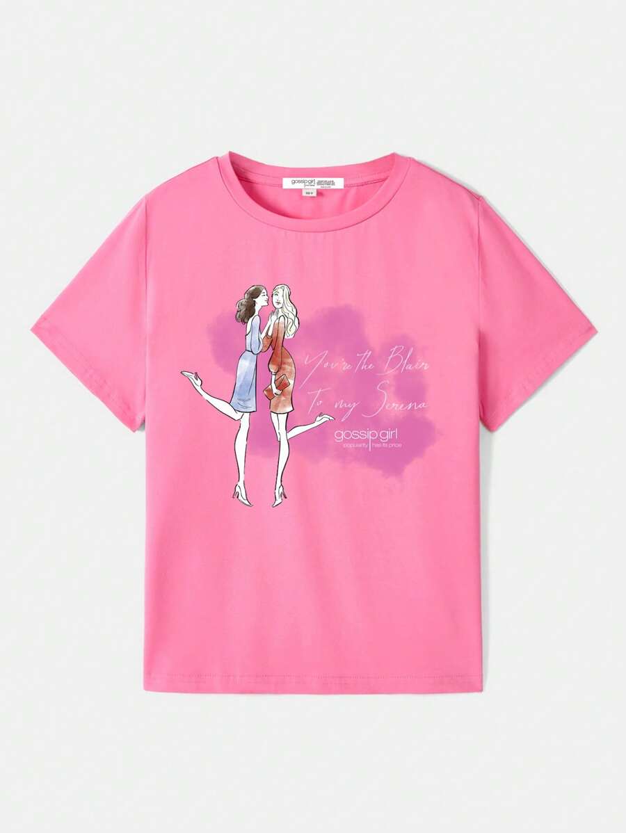 Gossip Girl X SHEIN Camiseta de manga corta con cuello redondo y gráfico de figura y letra de dibujos animados para niña preadolescente, de verano - Rosa - Ver 1