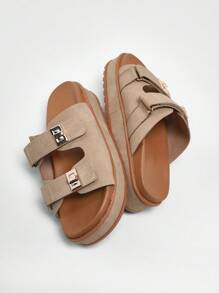 Solezae #LuxeEssentials Women's Golden Locker Double Strap Sleek Taupe Footbed Platform Slide Sandals – Chic, Casual & Ultra Comfortable Mother's Day Present - Beige - View 5