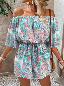 Breezaya Women's Floral Print Off Shoulder Flared Sleeve Jumpsuit, Vacation Style - Multicolor - View 4