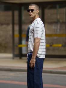 Musero Pinstripe Short Sleeve Button Up Polo Abstract Top Summer Spring Holiday Vacation - Multicolor - View 3