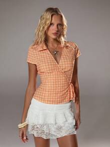 TRNVIE 春夏新款休闲橙色度假女士格子蝴蝶结裹身交叉柔软短袖衬衫 - 亮橙色 - 查看 1