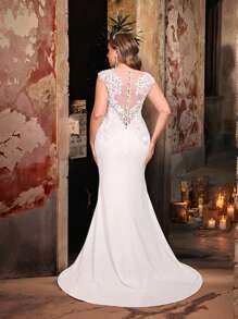 Glamrae Váy cưới cô dâu cổ thuyền màu trắng thanh lịch lãng mạn cỡ lớn với họa tiết thêu hoa, trang trí xuyên thấu hở lưng, hình bóng nàng tiên cá và đuôi tàu - trắng - Xem 3