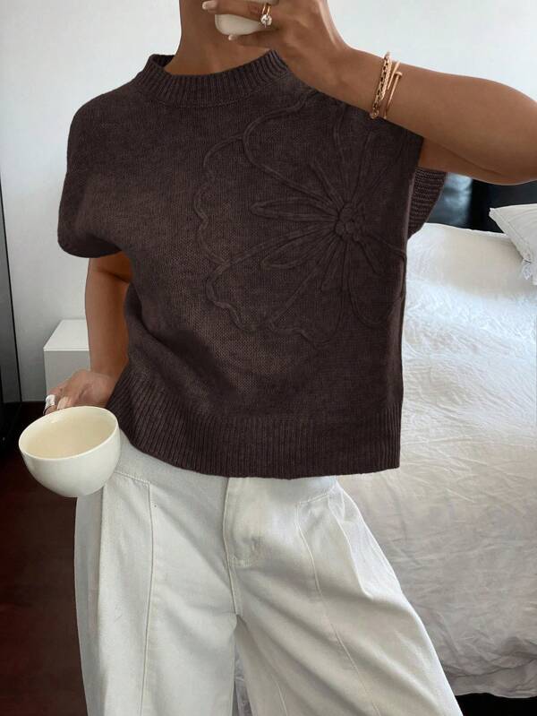 Siren Gaze Women Floral Pattern Round Neck Loose Knit Short Sleeve Top