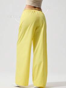 Menodora SHEIN Sport Cloudkiss 20%Cotton Women's Casual Solid Color Woven Low Waist Straight Leg Pants - Butter Yellow - View 2