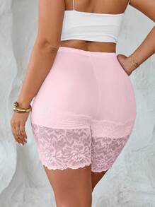 Elenzga Plus Size Women Casual Simple Vacation Leggings, Knitted Lace Insert, Short Skinny Pants, Comfortable Soft Breathable Fabric - Pink - View 8