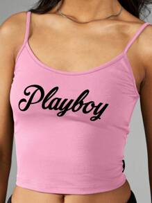 Missguided x Playboy 标志性手写徽标吊带短款上衣复古风格夏季节日弹力背心无袖时尚 - 粉色 - 查看 5