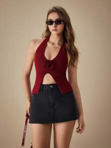 SHEIN Privé Women's High Waist Washed Denim Shorts, Summer Casual - Black - View 6