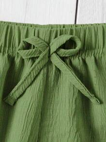 SHEIN 女童度假休闲百搭宽松舒适杏色纹理纯色面料阔腿裤春夏新款姐妹妈咪装度假夏季旅行 - 軍綠色 - 查看 5