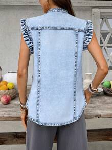 Breezaya Áo khoác denim không tay giặt thường ngày cho nữ - Màu xanh lam - Xem 2