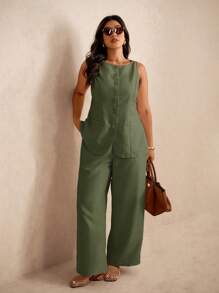 Elaquor Conjunto de 3 Peças Plus Size: Colete Casual, Camisa e Calça Reta