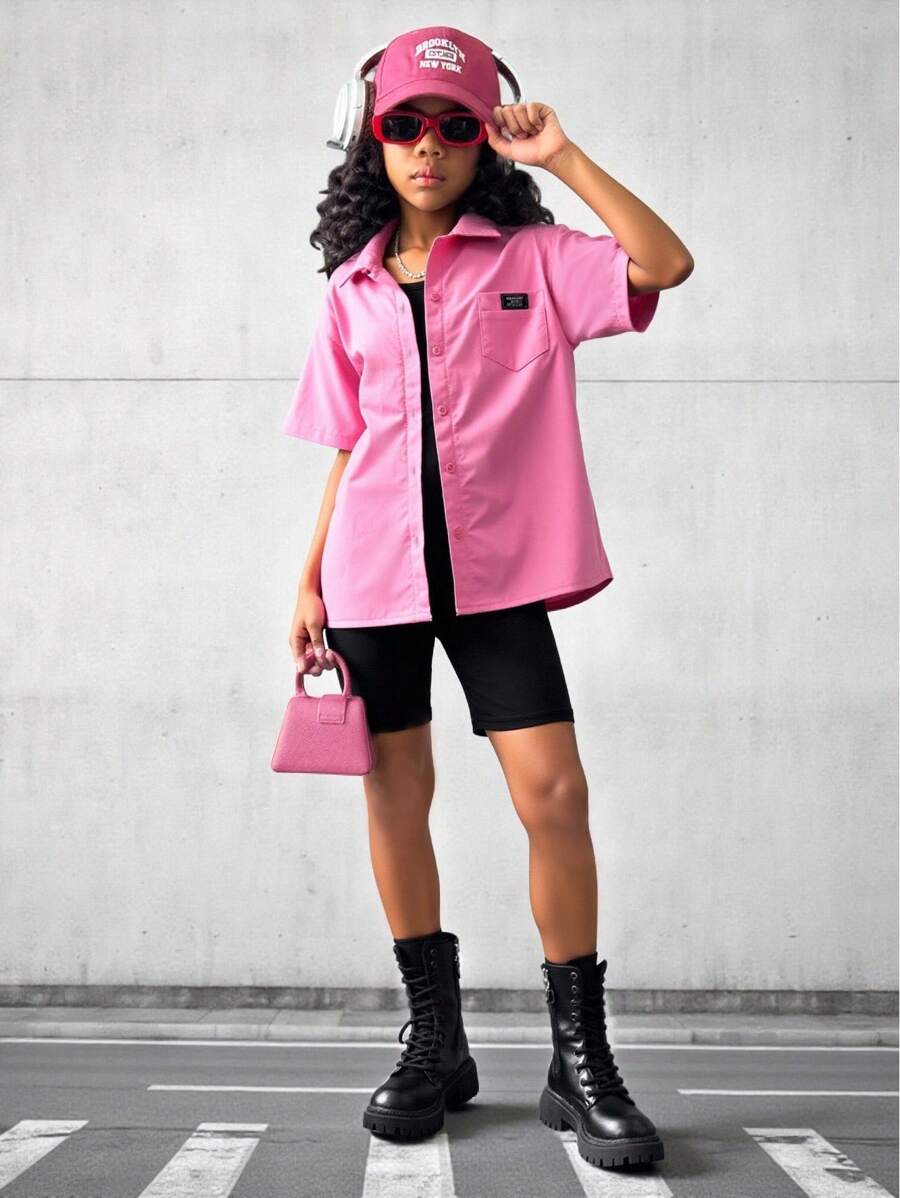 SHEIN Explorewe Tween Girl Pink Short Sleeve Shirt And Black Suspender Jumpsuit, Casual Summer Streetwear 2pcs Set - Pink - View 1