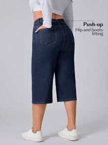 SHEIN CURVE+ Jeans ajustados elásticos azules de verano para mujer de talla grande "Old Money" - Azul lavado oscuro - Ver 2