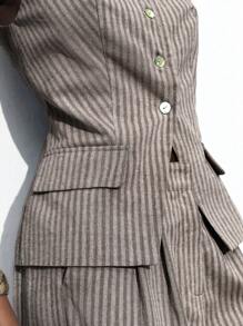 Maija 2025 Autumn/Winter New Striped Exposed Shoulder Spaghetti Strap Front Open Single-Breasted Women's Suit Jacket & Top, Modern Elegant Urban Romantic Refined Minimalist Y2K Country Music Festival Vintage Korean Airport Travel Street Style Wedding Guest Birthday Party Business Casual Office Date Party Outgoing Airport Back To School Fall/Winter Women's