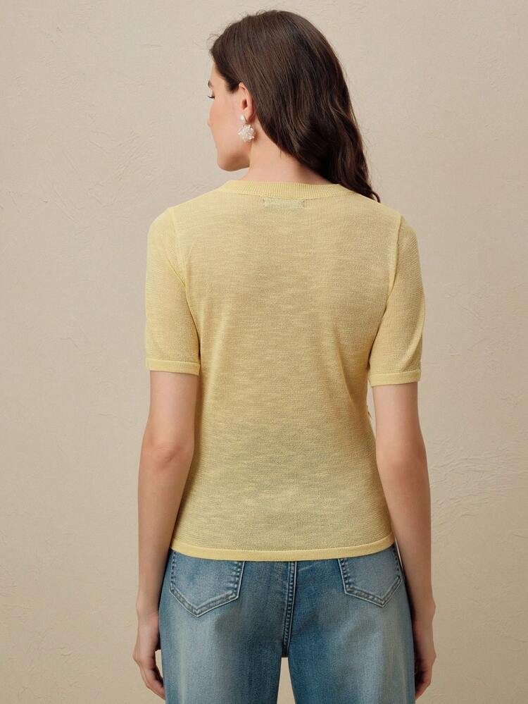 New Elegant Modern Romantic Sheer 3D Lace Floral Decor Round Neck Short Sleeve Top T-Shirt Blouse