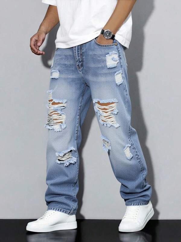 Pantalones vaqueros rectos de estilo cargo casual con efecto desgastado de estilo retro americano para adolescentes, azul