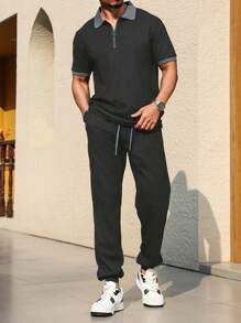 Manfinity Homme 男士两件套撞色短袖 Polo 衫和短裤休闲套装 - 灰色 - 查看 1