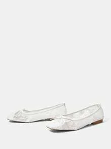 CUCCOO HITCHD Giày bệt mũi vuông thêu ruy băng buộc dây cho nữ, Giày ba lê lưới màu trắng thanh lịch, ngọt ngào, lãng mạn dành cho nữ, Thích hợp cho cô dâu, phù dâu, váy trang trọng, tiệc tùng, đám cưới - trắng - Xem 10