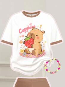 SHEIN Leap Crew 青少年女孩休闲简约短袖上衣和长裤两件套，适合夏季