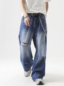 Chillumni Lässige, gerade, locker sitzende Jeans mit Used-Look und Taschen für Herren, vielseitiges, Baggy-Jeans-Design für Männer - Mittele Waschung - Übersicht 5