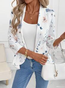 SHEIN Clasi 女式优雅花卉印花束腰七分袖白色荷叶边下摆开襟西装外套