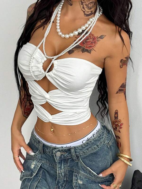 Coolane Damen Sommer Konzert Strand Y2K Streetwear Gyaru Crop Slim Fit Weißes Bandeau-Top