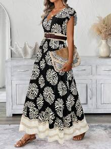 SHEIN LUNE Shirred Cap Sleeve Cinched Waist Ruffled Hem A-Line Dress, Casual Vacation Floral Print Women Dress,Bohemian Clothes