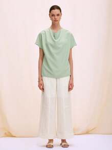 Chiquease Blouse ample décontractée pour femme, en tissu avec plis au dos, lien à la taille, col large et manches chauve-souris - Vert - Voir 3