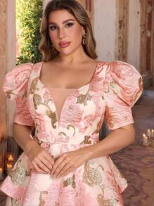 SHEIN Belle 大码优雅浪漫粉色缎面提花奢华锦缎 A 字形公主礼服，正式鸡尾酒会礼服