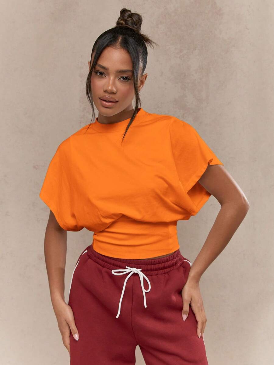 MISSGUIDED 超大号短袖短款 T 恤泡泡下摆收腰设计休闲夏秋季基本款日常必备 - 橘色 - 查看 1