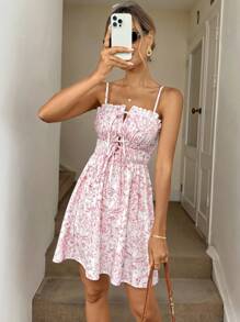 Easowa Gerüschte Vorderseite, Schleife-Rücken, ausgeschnittenes, gerafftes A-Linien-Kleid mit Blume Muster, Vintage romantischer, legerer Urlaubs-Eleganz Sonntagskleid - Verschiedenfarbig - Übersicht 5