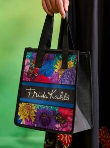 Frida Kahlo X SHEIN Bolsa térmica para el almuerzo con diseño floral de artista, mantiene la comida caliente o fría, bolsa de picnic, gran capacidad, puede contener cajas de almuerzo y bebidas, adecuada para picnics, camping, viajes, uso doméstico, adecuada para familias, niños y estudiantes, flores, artístico, elegante