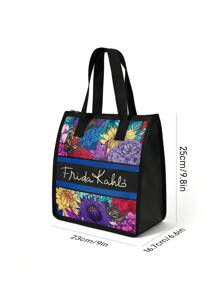 Frida Kahlo X SHEIN Bolsa térmica para el almuerzo con diseño floral de artista, mantiene la comida caliente o fría, bolsa de picnic, gran capacidad, puede contener cajas de almuerzo y bebidas, adecuada para picnics, camping, viajes, uso doméstico, adecuada para familias, niños y estudiantes, flores, artístico, elegante