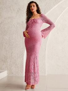 MaterniChic 情人节白色蕾丝喇叭袖鱼尾下摆修身孕妇装 - 粉色 - 查看 5