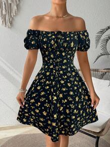 Breezaya 方领花卉腰带中长连衣裙 女士度假海滩装 - 黑色 - 查看 5