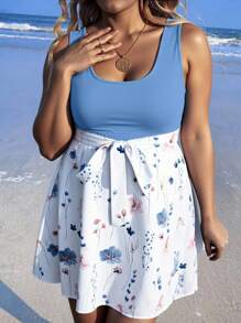 SHEIN VCAY 大码花卉印花休闲宽松夏季连衣裙 - 藍白色 - 查看 3