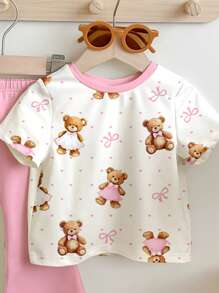 女婴休闲时尚经典可爱卡通粉色小熊、波尔卡圆点、蝴蝶结印花短袖圆领 T 恤和喇叭裤两件套，适合春夏季 - 彩色 - 查看 4