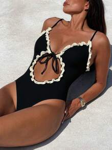 Swim Vcay 女士黑色镂空细肩带网眼衬里前抽绳性感沙滩连体泳衣