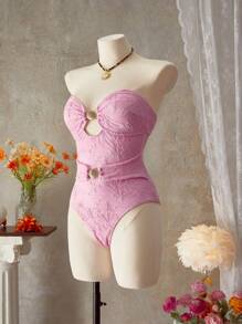 SHEIN Swim Bộ đồ bơi liền thân cắt xẻ bằng vải dệt kim Jacquard kim loại, thường ngày cho kỳ nghỉ hè trên bãi biển - Hồng - Xem 6