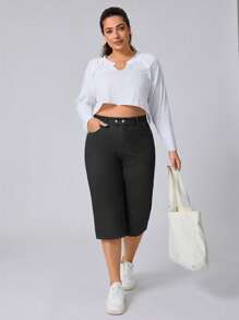 Flexra Plus Size Women Elastic Casual Straight Leg Capri Jeans - Dark Grey - View 4