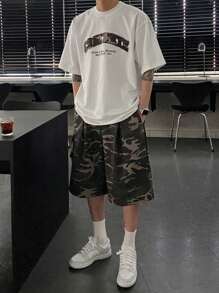 DAZY 男士夏季迷彩字母印花落肩T恤和工装短裤套装 - 彩色 - 查看 1