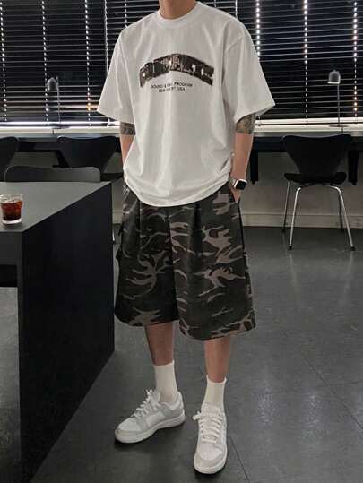 DAZY 男士夏季迷彩字母印花落肩T恤和工装短裤套装