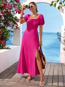 Vivid Eden Maxikleid für Damen Einfarbig, mit Webstruktur, offenem Rücken und Schleife