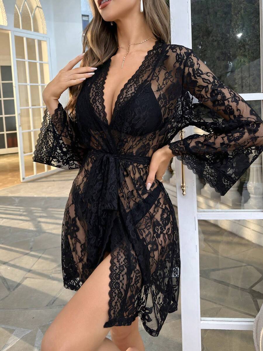 SilkySpell Floral Lace Belted Robe Without Lingerie Set PerfectSummer - Black - View 1